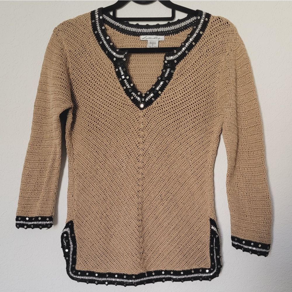Lillie Rubin Tan and Black Sweater with sequin and gem detail Sz Small